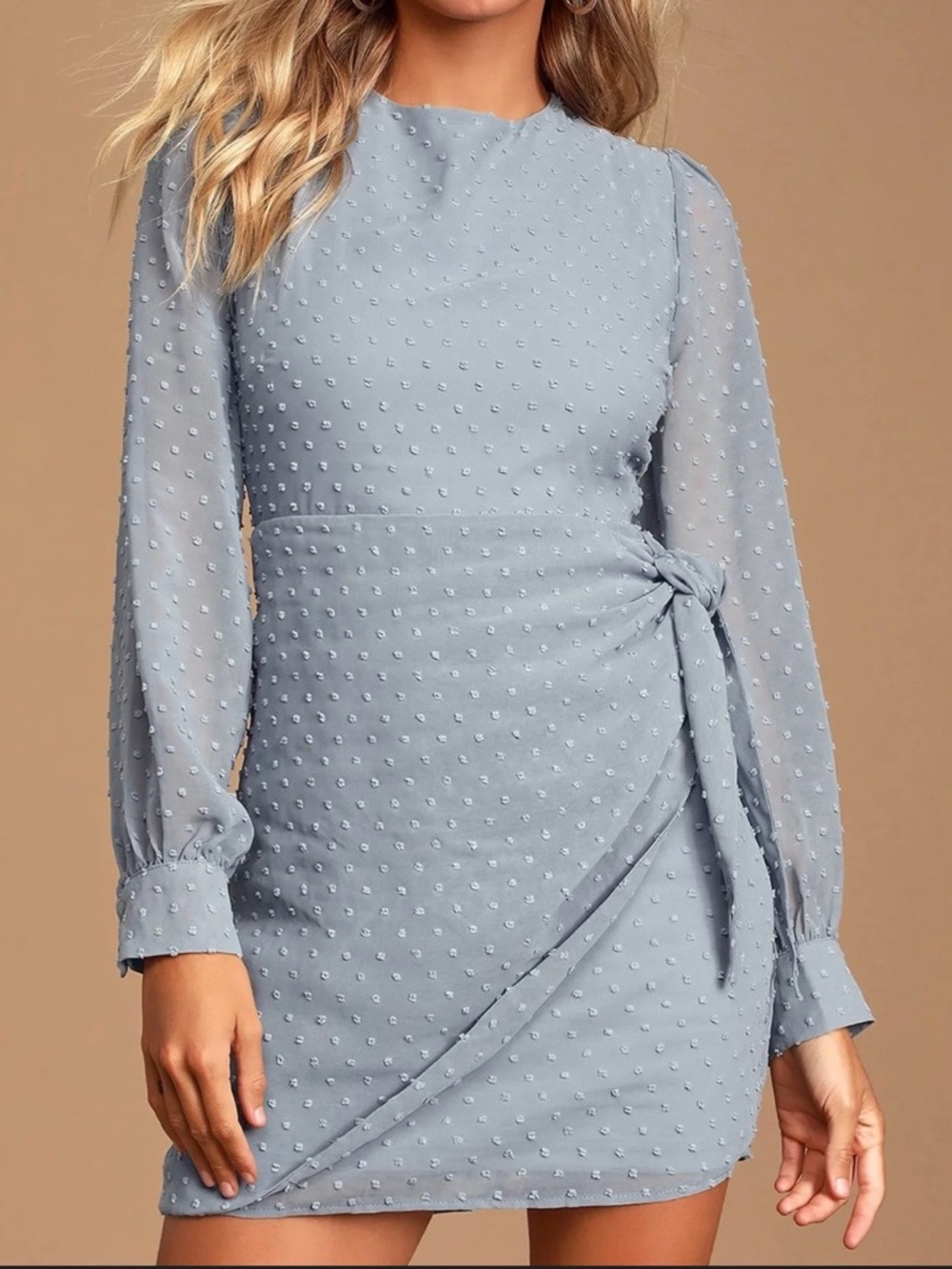 Lulu's Powder Blue Long-Sleeve Tie-Side Mini Dress
